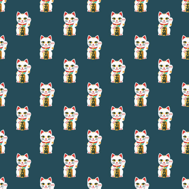 Maneki Neko Japanese Seamless Pattern A seamless pattern created from a single flat design icon, which can be tiled on all sides. File is built in the CMYK color space for optimal printing and can easily be converted to RGB. No gradients or transparencies used, the shapes have been placed into a clipping mask. maneki neko stock illustrations