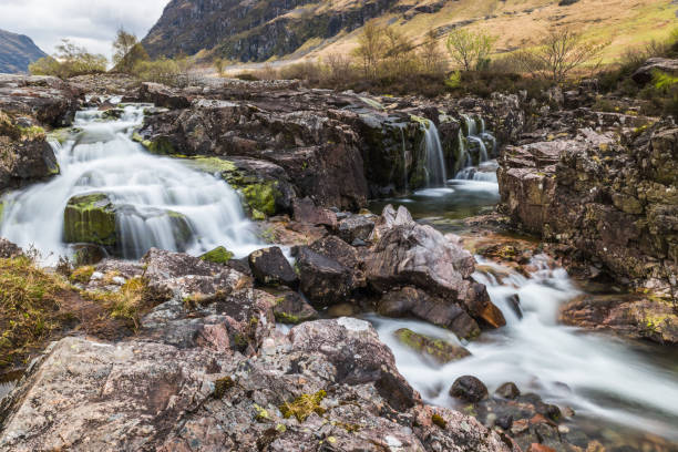 istock Glencoe river with smooth water flow and cloudy day. hill views at the back 1049022638