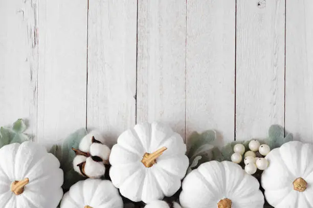 Photo of Autumn bottom border of white pumpkins and leaves over rustic white wood