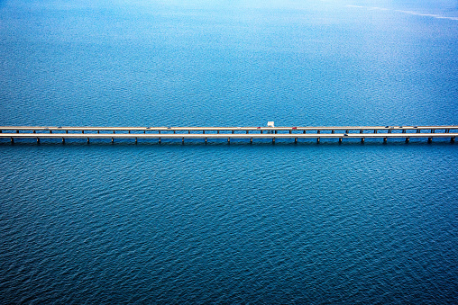 The Lake Pontchartrain Causeway, the worlds longest bridge at just under 24 miles long, near New Orleans, Louisiana and shot from an altitude of about 1000 feet during a helicopter photo flight.