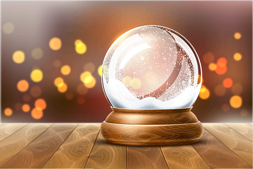 Vector christmas snowglobe on wood table on blurred lights. Realistic traditional winter holiday decoration crystal with snow, snowflakes inside. Xmas magical toy, empty sphere, 3d illustration