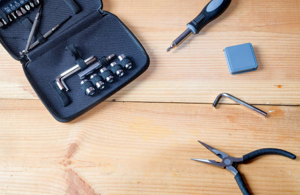 istock Portable tools kit for technician put on wooden plate 1049063088