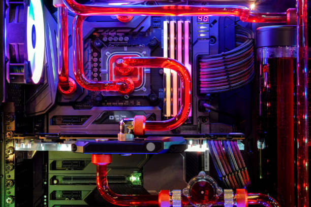 Desktop PC Gaming and water cooling cpu with LED RGB light show status on  working mode Close-up Desktop PC Gaming and water cooling cpu with LED RGB light show status on  working mode, interior pc case technology background cooling rack photos stock pictures, royalty-free photos & images