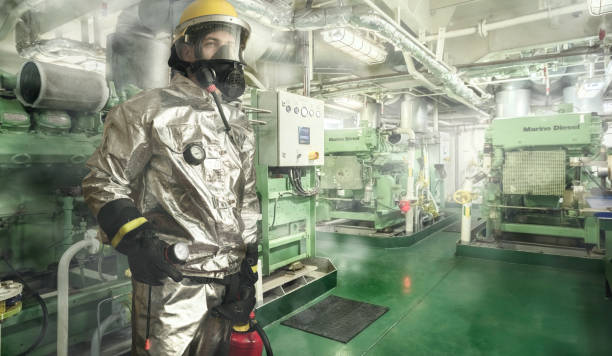 istock Brave fireman exploring a fire scene onboard of a ship with torch and fire extinguisher in hands. All area around covered with smoke. 1049068916