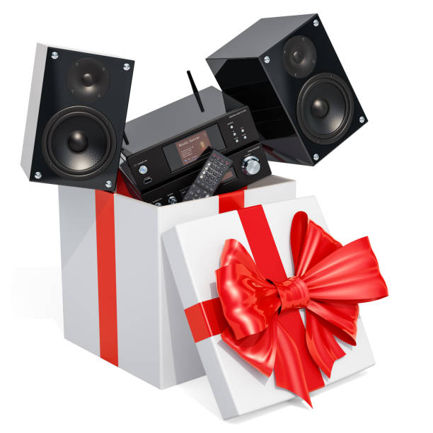 istock Gift box with Home Stereo System, 3D rendering isolated on white background 1049071370