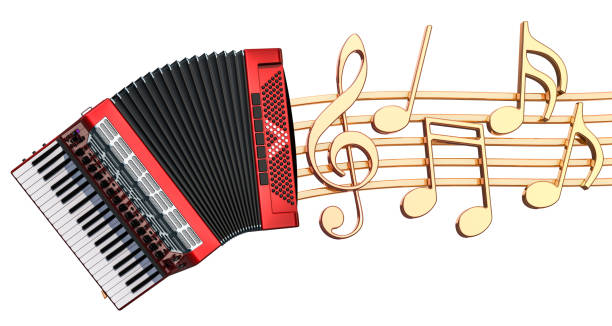 Musical concept. Accordion with music notes, 3d rendering isolated on white background Musical concept. Accordion with music notes, 3d rendering isolated on white background accordion instrument stock pictures, royalty-free photos & images