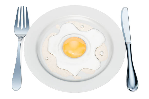 platte mit spiegelei, 3d-rendering isolierten auf weißen hintergrund - fork plate isolated scrambled eggs stock-fotos und bilder