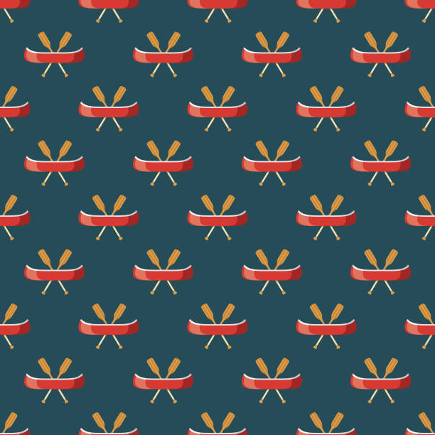 Canoe Transportation Seamless Pattern A seamless pattern created from a single flat design icon, which can be tiled on all sides. File is built in the CMYK color space for optimal printing and can easily be converted to RGB. No gradients or transparencies used, the shapes have been placed into a clipping mask. camping patterns stock illustrations