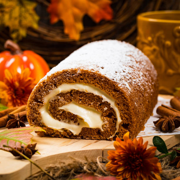 Pumpkin Cake Roll with Cream Cheese Filling. Selective focus.