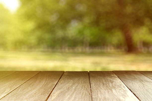 istock Wooden table backdrop against green park 1049084288
