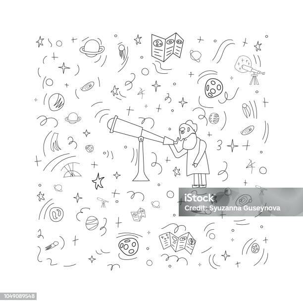 Vector Design Of Astronomers And Space Objects Stock Illustration - Download Image Now - Astronomer, Coloring, Adult