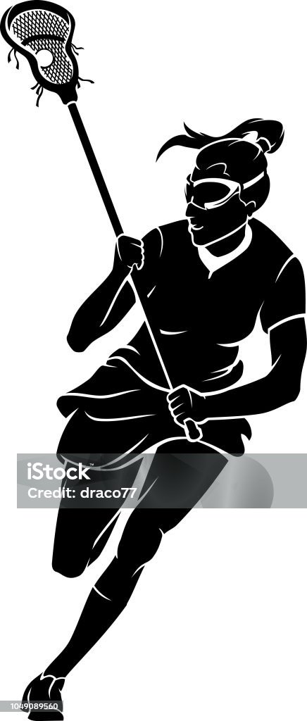 Lacrosse Woman Player Front Isolated vector illustration of black silhouette of female player running and holding lacrosse stick Lacrosse stock vector