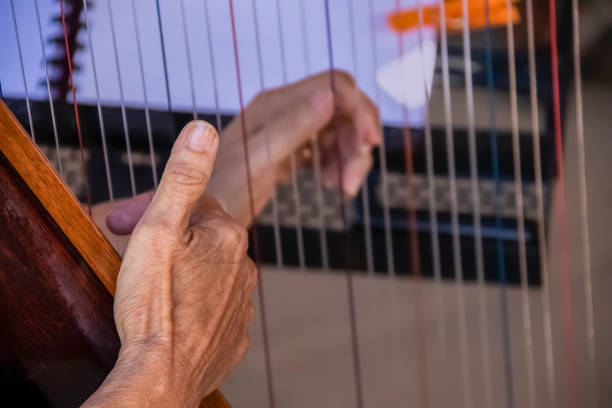 older woman's hands playing the harp - close-up and selective focus - music on stand blurred in background viewed through strings - plucking an instrument imagens e fotografias de stock