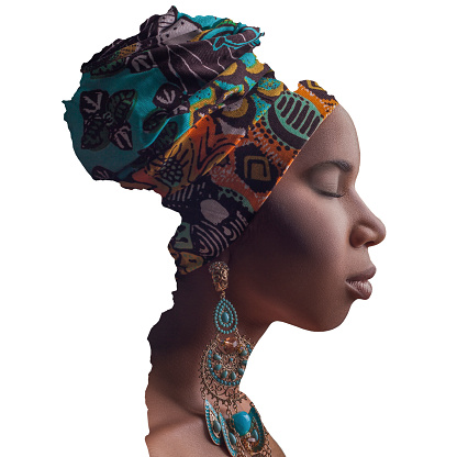 Profile side view portrait of closed eyes beautiful african woman with tradition headscarf and earrings in the border of Africa continent. composite creative beauty work, isolated on white background