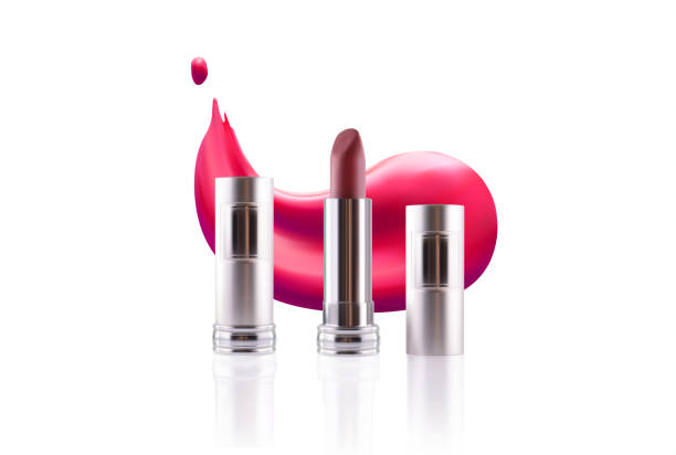 istock Lipstick cosmetic makeup mockup design template. Vector 3d pink red golden color pomade tube and lipstick smudge smear. Beauty fashion women gold accessory. Sexy elegant glamour face makeup cosmetics. 1049107852