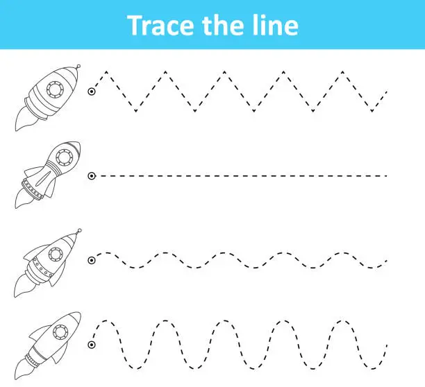 Vector illustration of Trace line worksheet for preschool kids with rockets