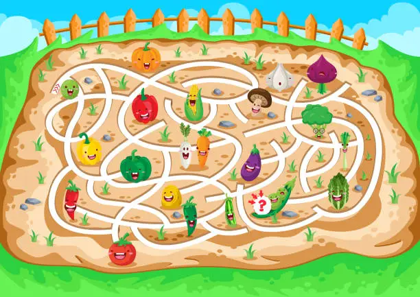 Vector illustration of Fun Educational Farming Vegetable Theme Maze Puzzle Games For Children Illustration