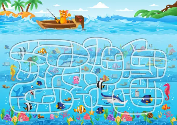 Vector illustration of Fun Educational Ocean Underwater Theme Maze Puzzle Games For Children Illustration