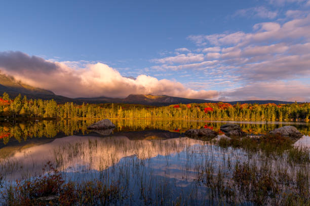 Mount Katahdin in the early morning sun Fall foliage in Maine at Mount Katahdin mt katahdin stock pictures, royalty-free photos & images