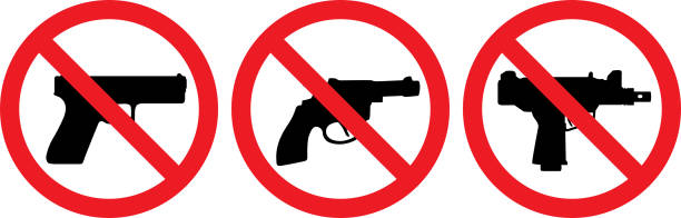 Three No Gun Icons Vector illustration of three black and red no gun icons. gun free zone sign stock illustrations