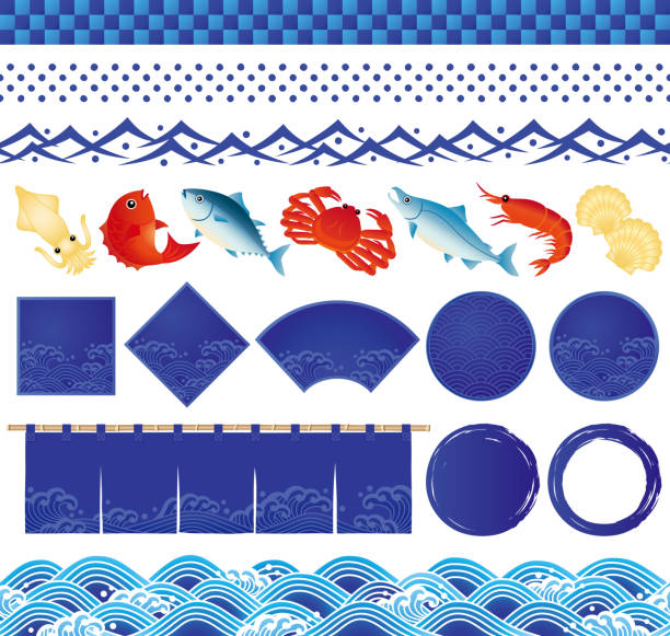 illustrations, cliparts, dessins animés et icônes de illustrations icônes et poissons du vague japonaise de l’océan. - tuna food seafood japanese culture