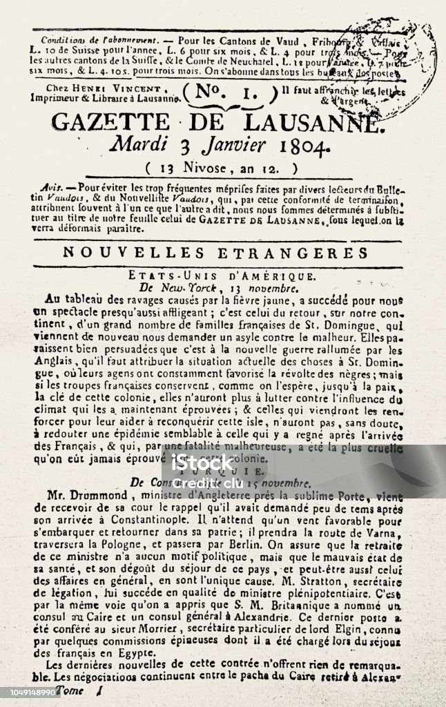 First page of Gazette de Lausanne, Switzerland, January 3, 1804 Illustration from 19th century Archival stock illustration