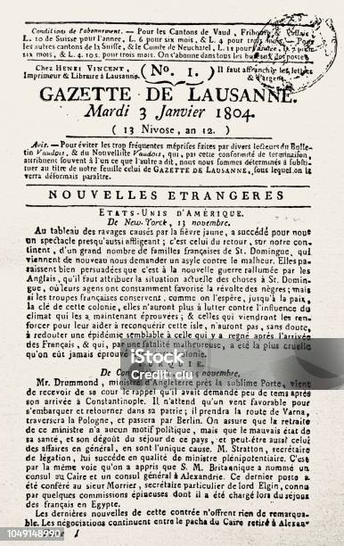 First Page Of Gazette De Lausanne Switzerland January 3 1804 Stock Illustration - Download Image Now