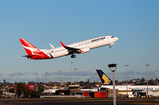 Sydney, Australia - September 1, 2018: Qantas Boeing 737 take off at Sydney Kingsford Smith Airport. Registration ZK-ZGH