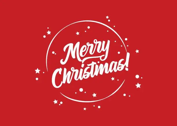 Vector illustration of Merry Christmas! Vector Holiday Template. Festive Red Background. Calligraphy Greeting Card. Text with White Rounded Frame for Xmas Banner, Postcard, Event Invitation, Poster. Hand Drawn Lettering.