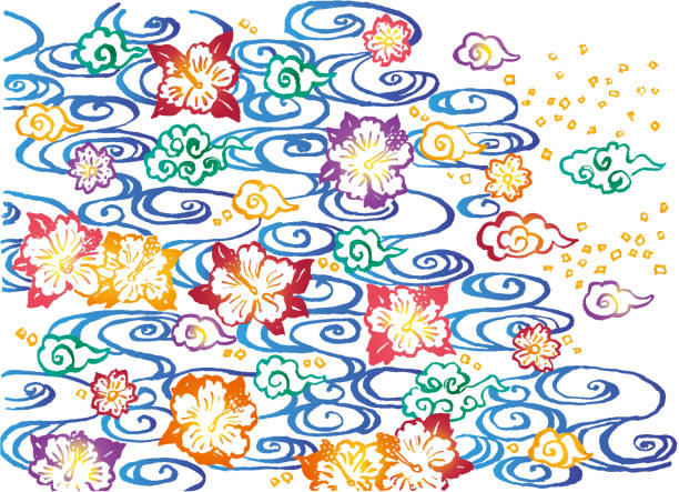 illustrazioni stock, clip art, cartoni animati e icone di tendenza di sfondo asiatico. ibisco e nuvola e fiume. design bingata. - okinawa prefecture