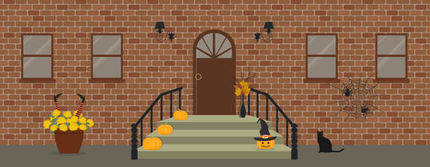 ilustraciones, imágenes clip art, dibujos animados e iconos de stock de porche, decorado para halloween - front porch