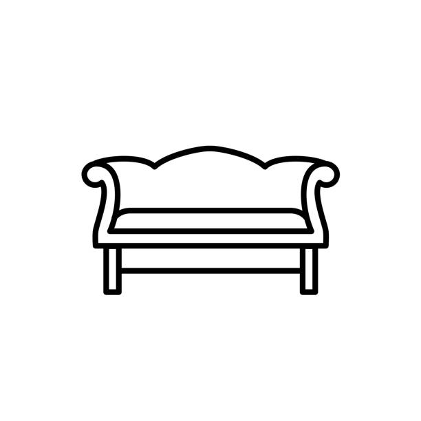Black & white vector illustration of camelback sofa. Line icon of settee. Vintage home & office furniture. Isolated object on white background