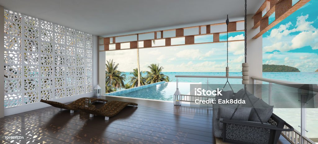 Sea view swimming pool Terrace open doors overlooks to borderless swimming pool and sea view, 3d rendering Beach Stock Photo