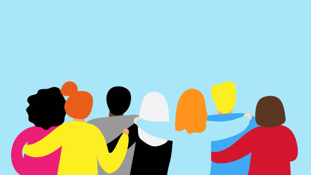 stockillustraties, clipart, cartoons en iconen met vrienden voor altijd. vriendelijke groep mensen staan en samen knuffelen - vertrouwenspersoon