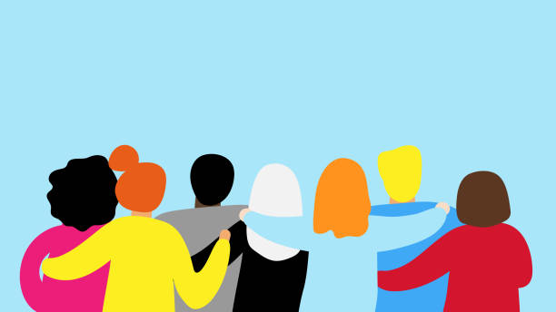 Friends forever. Friendly group of people stand and hugging together Friends forever. Friendly group of people stand and hugging together with their backs. Bright colored illustration for event celebration Greeting card Startup business Web banner. EPS10 vector cartoon kids stock illustrations
