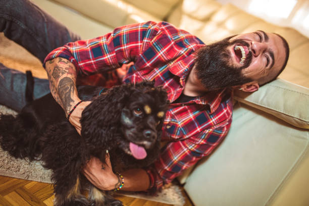 istock Handsome man with cute dog at home 1049202162