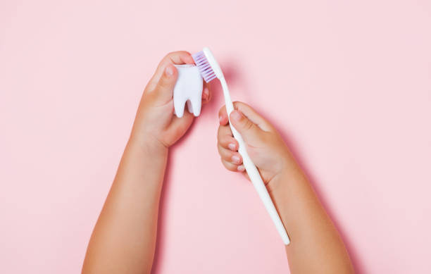 istock Child's hands holding big tooth and toothbrush 1049203490