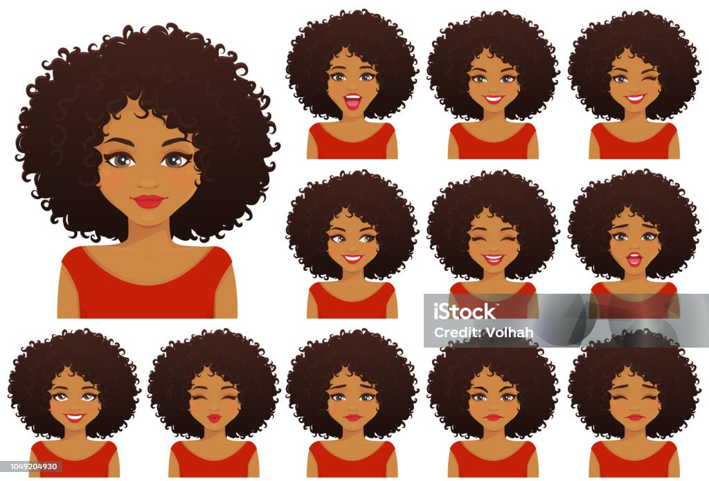 African woman expressions set African american woman with different facial expressions and afro hairstyle set isolated Women stock vector