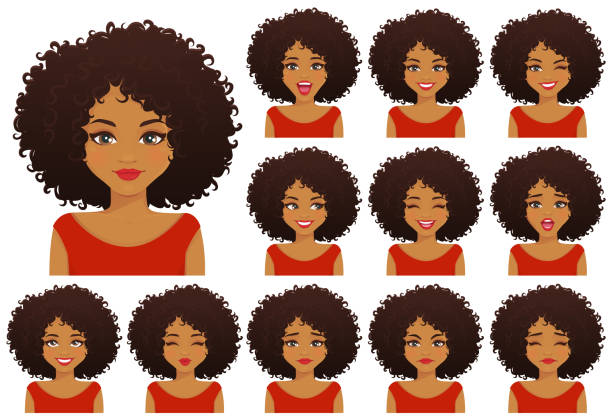 African woman expressions set African american woman with different facial expressions and afro hairstyle set isolated natural hair stock illustrations