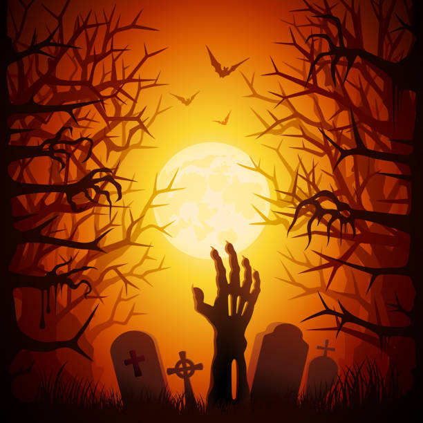 ilustraciones, imágenes clip art, dibujos animados e iconos de stock de halloween party - zombie halloween cemetery human hand