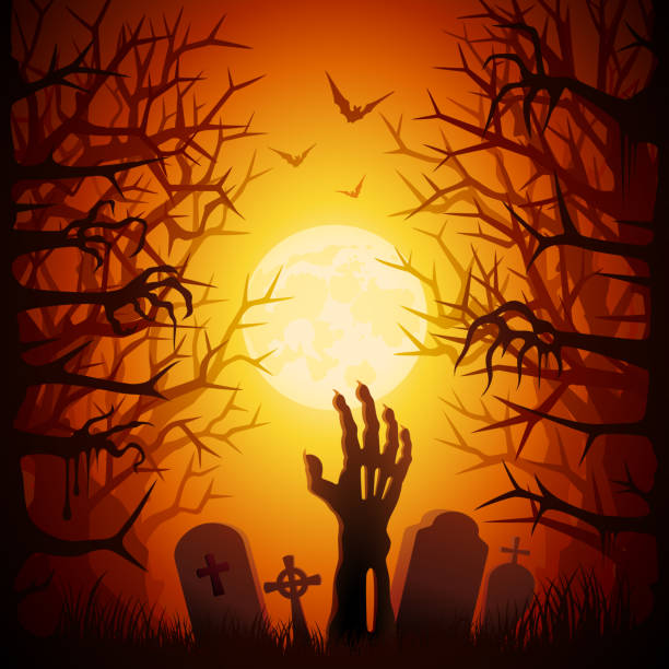 Halloween Party Halloween background with zombie hand halloween moon stock illustrations