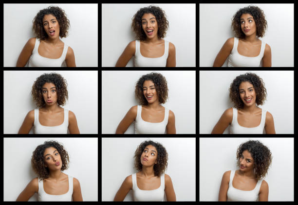 若い女性をそろえた 9 種類のフェイシャルエクスプレッションズ - facial expression women sadness multiple image ストックフォトと画像