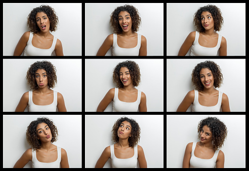 Young woman making nine different facial expressions