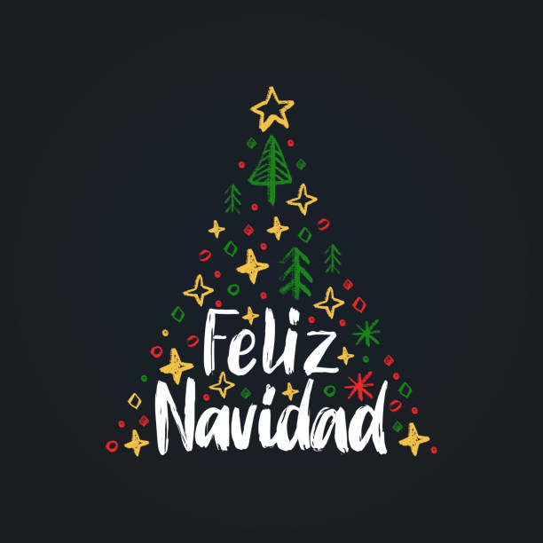 ilustraciones, imágenes clip art, dibujos animados e iconos de stock de feliz navidad, frase manuscrita, traducido del español feliz christmas.vector abeto ilustración sobre fondo negro - 2844