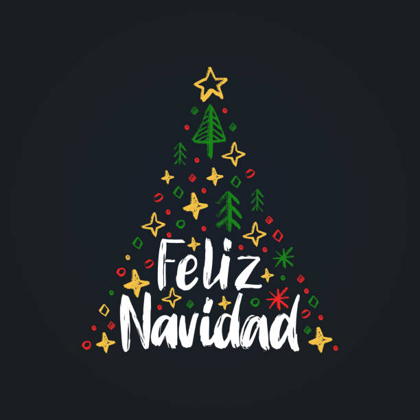 洛費裡茲巴拉德納維達, 手寫的短語, 翻譯從西班牙聖誕快樂. 向量雲杉插圖在黑色背景上 - navidad 幅插畫檔、美工圖案、卡通及圖標