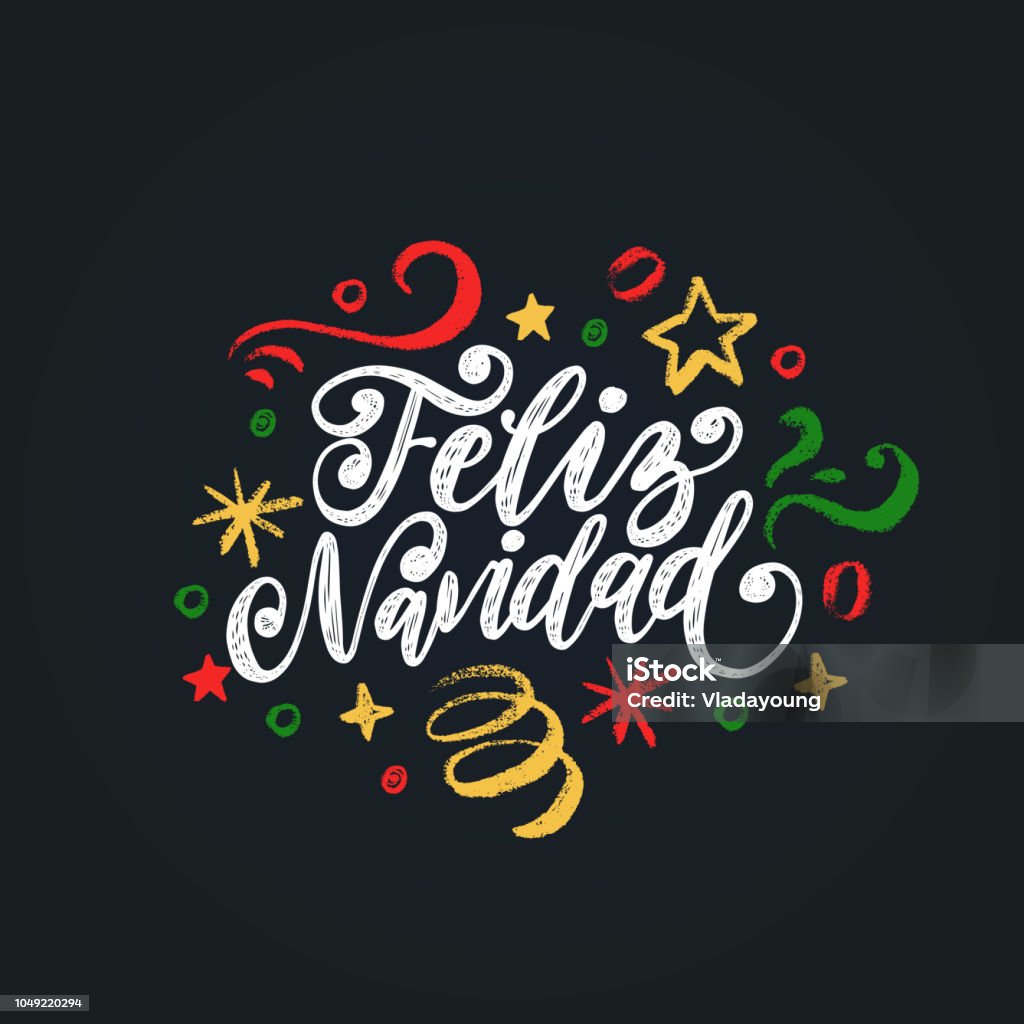 Feliz Navidad, handwritten phrase, translated from Spanish Marry Christmas. Vector New Year Tinsel illustration. Feliz Navidad, handwritten phrase, translated from Spanish Marry Christmas. Vector New Year Tinsel illustration on black background. Christmas stock vector