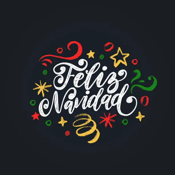 Vector illustration of Feliz Navidad, handwritten phrase, translated from Spanish Marry Christmas. Vector New Year Tinsel illustration.