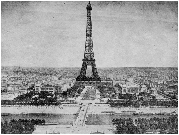 고 대 사진: 에펠 탑, 파리, 프랑스 - paris france eiffel tower tower retro revival stock illustrations