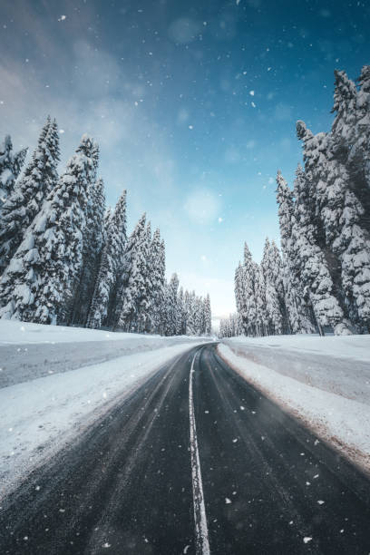 condições de inverno - snowing road winter snow - fotografias e filmes do acervo