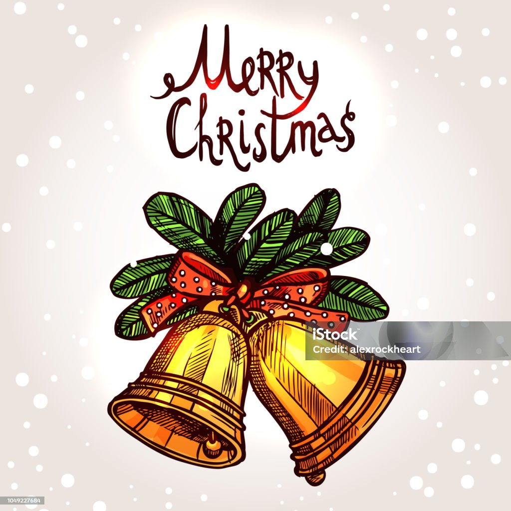 Christmas Card With Hand Drawn Golden Bells Art stock vector